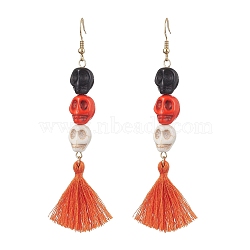 Halloween Skull Synthetic Dyed Turquoise Dangle Earrings, Handmade Polycotton(Polyester Cotton) Tassel Earrings for Women, Dark Orange, 90x10mm(EJEW-JE05883-01)