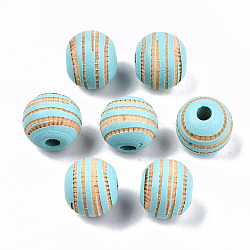 Painted Natural Wood Beads, Laser Engraved Pattern, Round with Zebra-Stripe, Cyan, 10x8.5mm, Hole: 2.5mm(WOOD-T021-54A-06)
