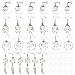 12 Pair 4 Style 304 Stainless Steel Earring Cabochon Settings, Earring Hooks with Round Tray, Moon & Feather & Teardrop & Ring, Stainless Steel Color, 35~65mm, Tray: 12mm, 3 Pair/style(EJEW-AB00032)