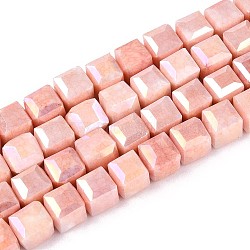 Anti-Tarnish Electroplate Glass Beads Strands, Imitation Gemstone, Cube, AB Color Plated, Faceted, Two Tone, Light Salmon, 7x7x6.5~7mm, Hole: 1.2~1.4mm, about 53~54pcs/strand, 14.49~15.08''(36.8~38.3cm)(GLAA-T025-8mm-10I)