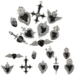 9Pcs 9 Styles Alloy Pendants, with Enamel, Antique Silver, Cross & Heart Charm, Black, 18~53.5x15.5~54x2~5mm, Hole: 1.5~2.5mm, 1pc/style (ENAM-YW0005-90)