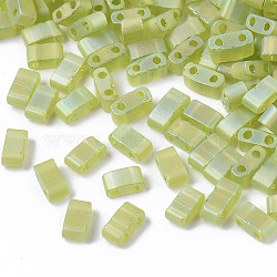 2-Hole Transparent Glass Seed Beads, Frosted AB Colours, Rectangle, Yellow Green, 4.5~5.5x2x2~2.5mm, Hole: 0.5~0.8mm(SEED-S023-41B-02)