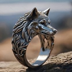 Wolf Zinc Alloy Finger Rings for Men, Antique Silver, 25mm, US Size 10(19.8mm)(PW-WG8046D-02)