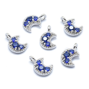 Brass Charms, with Cubic Zirconia, Lead Free & Cadmium Free & Nickel Free, Moon, Blue, Real Platinum Plated, 11x7x3mm, Hole: 1.5mm