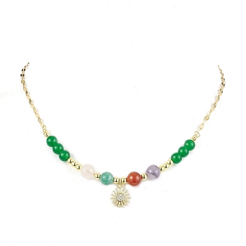 Natural & Dyed Malaysia Jade Beaded Necklaces for Women, Brass Micro Pave Cubic Zirconia Pendant Necklaces, Golden, 15.87 inch(40.3cm)