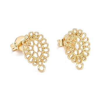 Eco-Friendly Brass Stud Earring Findings, with Ear Nuts & Loops, Flower, Real 18K Gold Plated, 11x7.5mm, Hole: 1mm, Pin: 0.7mm