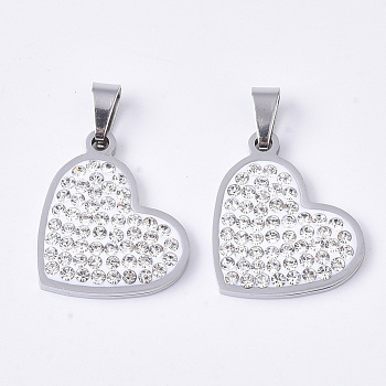 201 Stainless Steel Pendants, with Random Size Snap On Bails and Polymer Clay Crystal Rhinestones, Heart, Stainless Steel Color, 18.5x21.5x2.5mm, Hole: 7~10x3~5mm