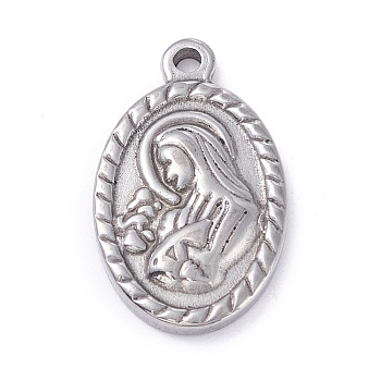 304 Stainless Steel Pendants,  Oval with Saint, Stainless Steel Color, 24x14x3.5mm, Hole: 1.8mm
