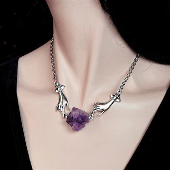 Both Hands Alloy with Nuggets Natural Amethyst Pendant Necklaces, Platinum, 17.72 inch(45cm)