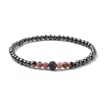 Round Beaded Stretch Bracelets, with Natural Rhodonite Beads, Non-Magnetic Synthetic Hematite Beads and Brass Cubic Zirconia Beads, Inner Diameter: 2-3/8 inch(6cm)