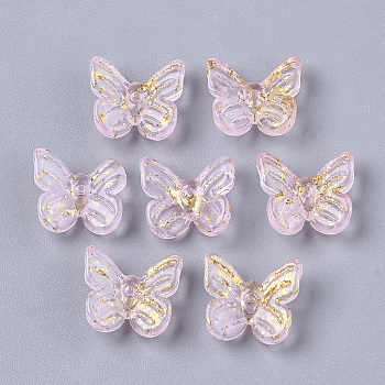 Transparent Spray Painted Glass Charms, with Golden Foil, Butterfly, Pink, 10x11x3mm, Hole: 1.2mm