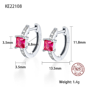 Platinum Rhodium Plated 925 Sterling Silver Hoop Earrings, Square Cubic Zirconia Earrings, with S925 Stamp, Fuchsia, 11.8x13.5mm