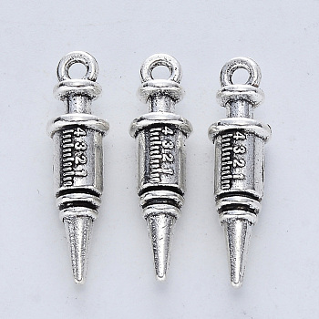 Tibetan Style Alloy Pendants, Cadmium Free & Lead Free, Injection Syringe Shape, Antique Silver, 24.5x6.5mm, Hole: 1.8mm