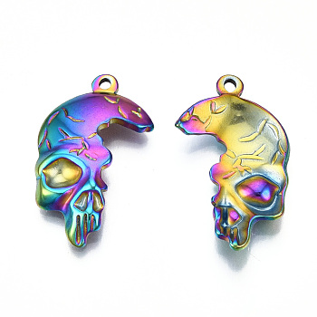 Ion Plating(IP) 201 Stainless Steel Pendants, Skull, Rainbow Color, 30x17x4mm, Hole: 1.6mm