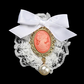 Romantic Classic Polyester Lace Bowknot Brooch for Women, with Iron Pin & Plastic Imitation Pearl, Oval, Light Salmon, 69.5~71.5x64~70x24~26.5mm