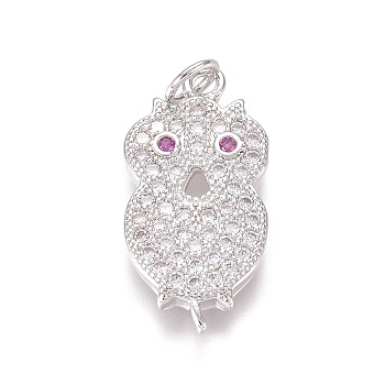 Brass Micro Pave Clear Cubic Zirconia Pendants, with Jump Rings, Owl, Platinum, 19x9.5x2mm, Jump Ring: 4.5x0.7mm, Inner Diameter: 3mm