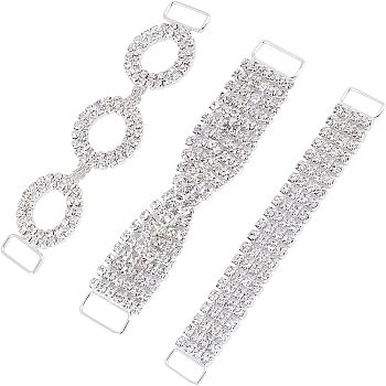 Fingerinspire 3Pcs 3 style Brass Rhinestone Links Connectors, Garment Accessories, Crystal, Rectangle & Ring & Twsited, Silver, 1pc/style