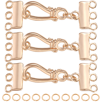 Beebeecraft 8Pcs Brass Multi-strand Clasps with Hook Clasps, Triple Layered Necklaces Clasps, Multiple Necklace Seperator Connectors, with 304 Stainless Steel Open Jump Rings, Real 18K Gold Plated, Multi-strand Clasps: 33mm, Hole: 1.6mm