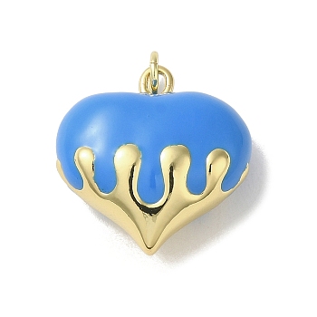 Rack Plating Brass Enamel Pendants, with Jump Ring, Long-Lasting Plated, Lead Free & Cadmium Free, Real 18K Gold Plated, Heart Charm, Cornflower Blue, 20.5x20.5x10.5mm, Hole: 3mm