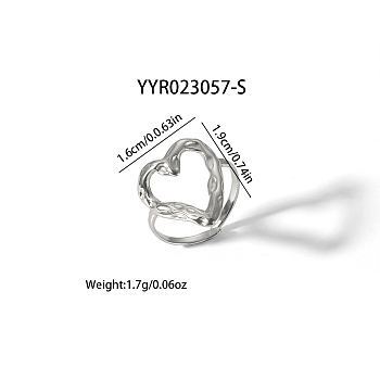 Hollow Heart Titanium Steel Cuff Open Rings for Women, Silver, 