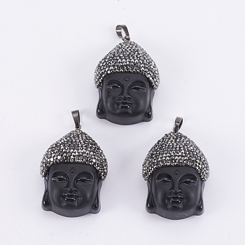 Glass Pendants, with Polymer Clay Rhinestone & Brass Findings, Buddha, Black, 40~42x29x17mm, Hole: 5x8mm