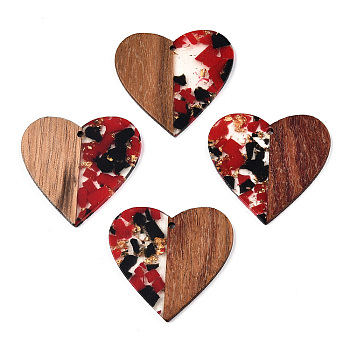 Transparent Resin & Walnut Wood Pendants, with Gold Foil, Heart Charms, FireBrick, 37x39x3mm, Hole: 2mm