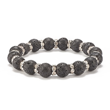 Natural Lava Rock Stretch Bracelet with Crystal Rhinestone Beads, Essential Oil Gemstone Jewelry for Women, Beads: 10.5mm, Inner Diameter: 2-1/8 inch(5.5cm)