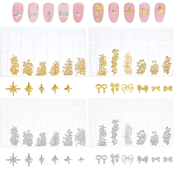 4 Bags 4 Styles Brass Cabochons, Nail Art Decoration Accessories, Star & Bowknot, Golden & Silver, 7.5~9x8.5~9.5x0.5~1mm, 1 bag/style