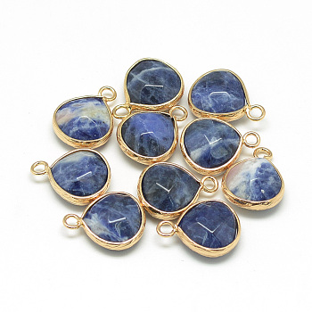 Natural Sodalite Pendants, with Nickel Free Brass Findings, Faceted, Teardrop, Golden, Prussian Blue, 17.5x13.5x6.5mm, Hole: 2mm