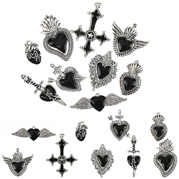 9Pcs 9 Styles Alloy Pendants, with Enamel, Antique Silver, Cross & Heart Charm, Black, 18~53.5x15.5~54x2~5mm, Hole: 1.5~2.5mm, 1pc/style 