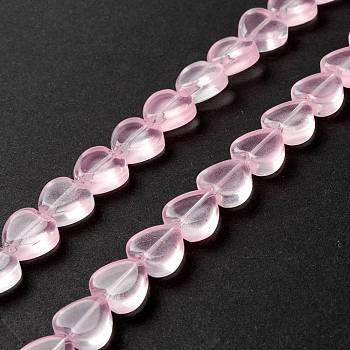 Transparent Glass Beads Strand, Heart, Pink, 9.5~10x10x3.5~4.5mm, Hole: 0.8~1mm, about 35pcs/strand, 13.15~13.31 inch(33.4~33.8cm)