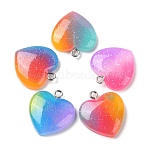 Rainbow Color Opaque Resin Pendants, Glitter Heart Charms with Platinum Plated Iron Loops, Mixed Color, 22x20x5mm, Hole: 2mm(X-RESI-A025-04)