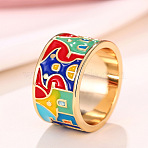 House Pattern Brass Enamel Finger Rings, Golden, 12mm,US Size 6(16.5mm)(FS-WG03239-01)