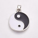 Feng Shui Black & White Alloy Enamel Pendants, Flat Round with Yin Yang, Antique Silver, 28x23x2mm, Hole: 3mm(ENAM-J049-01AS-01)