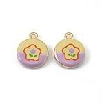 Printed Alloy Pendants, Flat Round with Flower Pattern Charms, Long-Lasting Plated, Rack Plating, Light Gold, 18x14.5x3.5mm, Hole: 1.8mm(FIND-H024-17G-02)