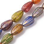 Painted Glass Beads Strands, Golden Metal Enlaced, Teardrop, Mixed Color, 13~13.5x8mm, Hole: 1.2mm, about 30pcs/strand, 15.55''(39.5cm)(X-GLAA-B037-06)