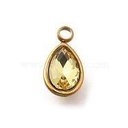 304 Stainless Steel Pendants, with Rhinestone, Real 18K Gold Plated, Ion Plating(IP), Teardrop, Citrine, 10.5x5.5x0.5mm, Hole: 1.8mm(STAS-Q346-04G-06)