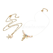 Starfish & Sea Horse & Shell Pendant Necklaces for Teen Girl Women, Natural Pearl & Polymer Clay Beads Necklaces, Golden, 16.7 inch(42.3cm), 19.5 inch(49.5cm), 2pcs/set(NJEW-JN03715-01)