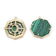 Brass Pave Clear Cubic Zirconia Pendants, with Natural Malachite, Cadmium Free & Nickel Free & Lead Free, Octagon with Moon & Star, Real 18K Gold Plated, 22x20x3mm, Hole: 1.2mm(KK-N232-452)