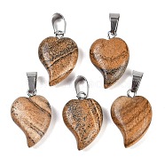 Natural Picture Jasper Heart Pendants, Love Heart Charms with 304 Stainless Steel Snap on Bails, Stainless Steel Color, 22.5x15.5x6mm, Hole: 6x3.5mm(G-H073-03P-05)