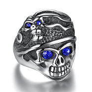 Rhinestone Skull Finger Ring, Antique Silver Plated 316L Surgical Steel Gothic Punk Jewelry for Women, Sapphire, US Size 7(17.3mm)(SKUL-PW0002-037A-AS)