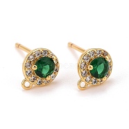 Brass Micro Pave Cubic Zirconia Stud Earrings Findings, Long-Lasting Plated, Lead Free & Cadmium Free & Nickel Free, Flat Round with Loop, Green, Real 18K Gold Plated, 7.5x6x3mm, Hole: 0.8mm, Pin: 0.8mm(X-ZIRC-C030-01G)