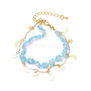 Brass Moon and Star Charms & Seed Flower Double Layer Multi-strand Bracelet for Women, Pale Turquoise, 7-5/8 inch(19.5cm)(BJEW-JB08848)