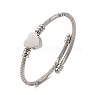 201 Stainless Steel Heart Beaded Cuff Bangle, Torque Bangle for Women, Stainless Steel Color, Inner Diameter: 2-1/4 inch(5.75cm)(BJEW-C033-07P)