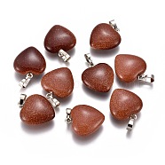 Synthetic Goldstone Pendants, with Brass Findings, Heart, Platinum, 23x20x7~9mm, Hole: 5x8mm(G-E434-09P)