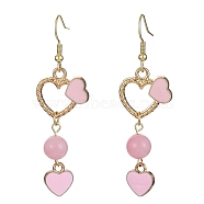 Dyed Natural Mashan Jade Dangle Earrings, Alloy Enamel Heart Long Drop Earings with 304 Stainless Steel Pins for Valentine's Day, Pink, 58x18mm(EJEW-JE05342-02)