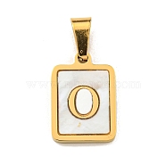 PVD Vacuum Plating 304 Stainless Steel Pave Natural White Shell Pendants, Rectangle with Letter Charms, Golden, Letter O, 17.5x12x1.5mm, Hole: 6x3mm(STAS-S130-03G-O)