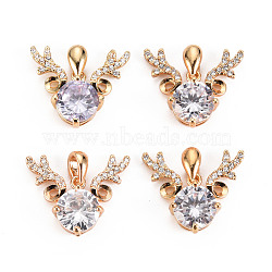 Brass Micro Cubic Zirconia Pendants, Deer, Light Gold, Clear, 16x19x5mm, Hole: 5x3mm(GLAA-S193-014)