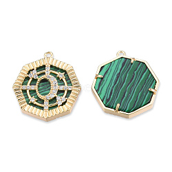 Brass Pave Clear Cubic Zirconia Pendants, with Natural Malachite, Cadmium Free & Nickel Free & Lead Free, Octagon with Moon & Star, Real 18K Gold Plated, 22x20x3mm, Hole: 1.2mm(KK-N232-452)