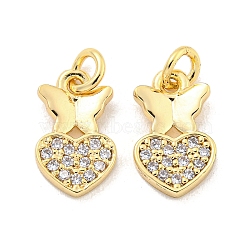 Brass Micro Pave Clear Cubic Zirconia Charms, Heart and Butterfly, Golden, 12x7x1.5mm, Hole: 2.5mm(KK-Z044-22G)